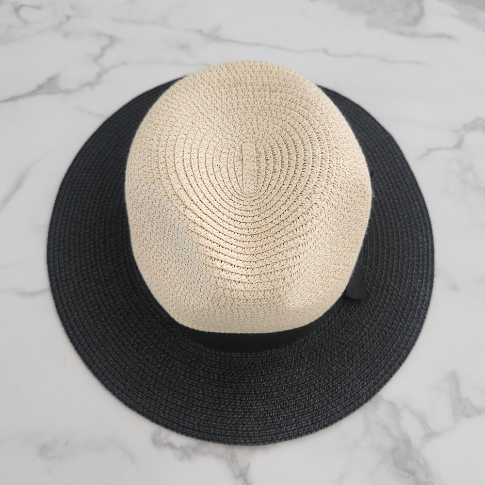 Two-Tone Black & Beige Synthetic Raffia With Ribbon Womens Hat - Picture 3 of 17